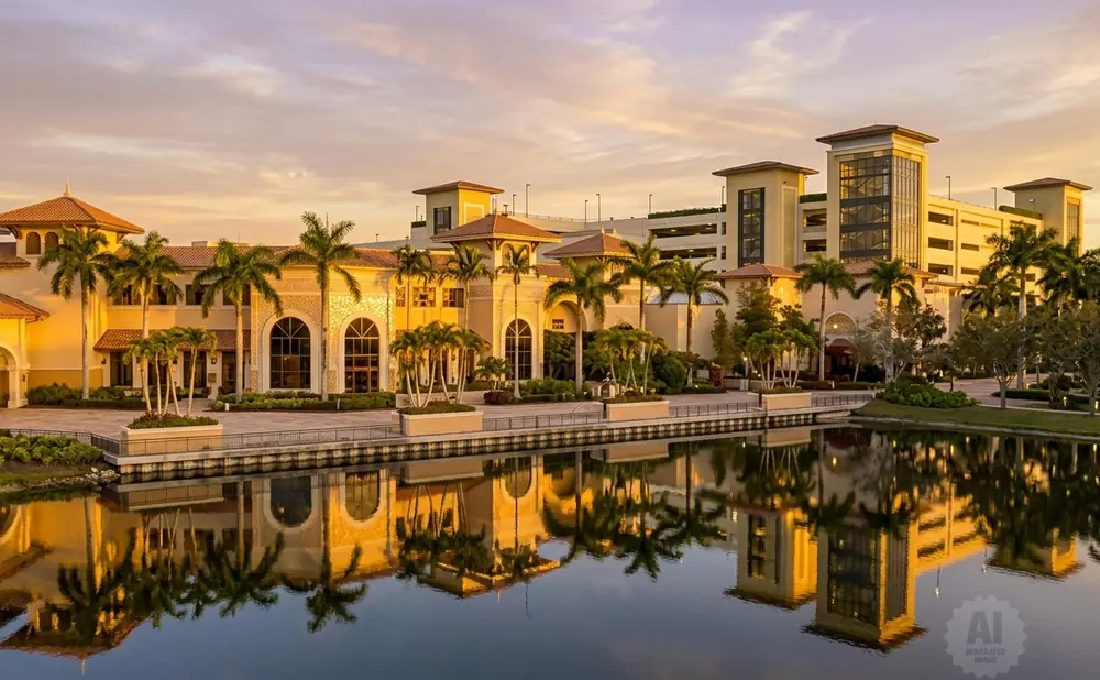 Golden hour light illuminates a Spanish-Mediterranean style building and a multi-story parking garage with palm trees, reflected in a calm body of water.