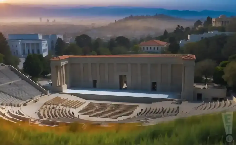 Outdoor amphitheater with a large stage and tiered seating, set against a backdrop of hills and buildings at dawn.