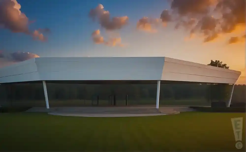 Modern white building with angled supports under a sunset sky.