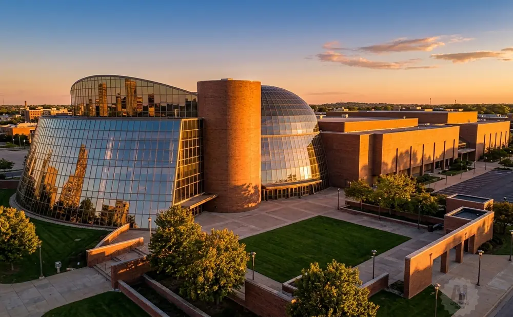 Aerial view of a modern building with glass and brick architecture at sunset.