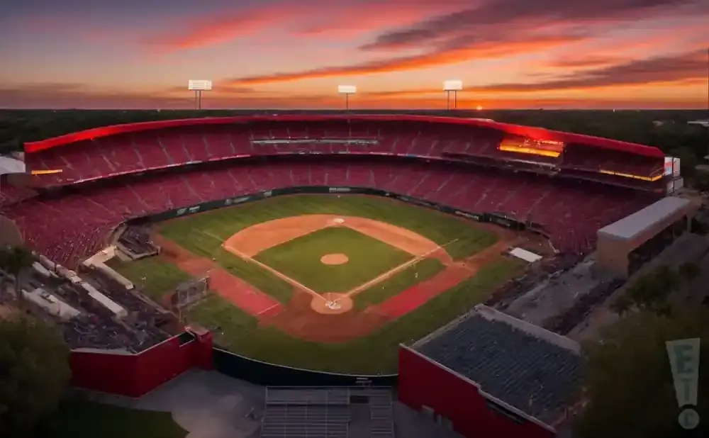 Aerial view of a baseball stadium with red seats and a baseball diamond, bathed in the warm glow of a sunset.