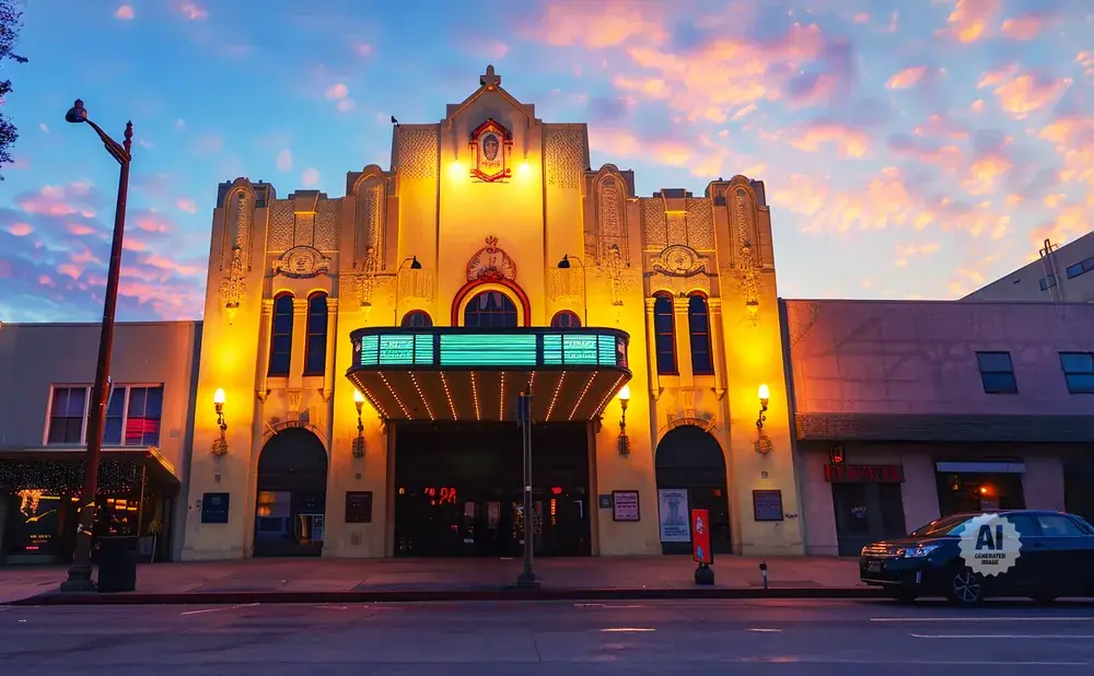 Ornate theater facade with marquee and streetlights illuminated at dusk under a colorful sky.
