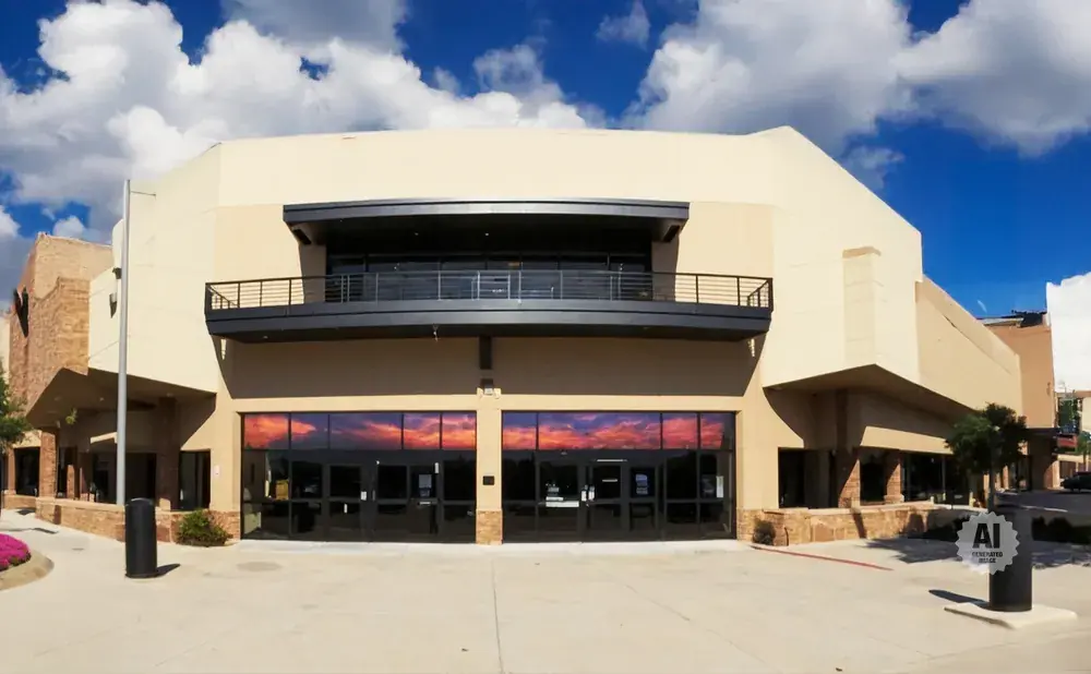 A tan building with a balcony and large glass doors displaying a sunset.