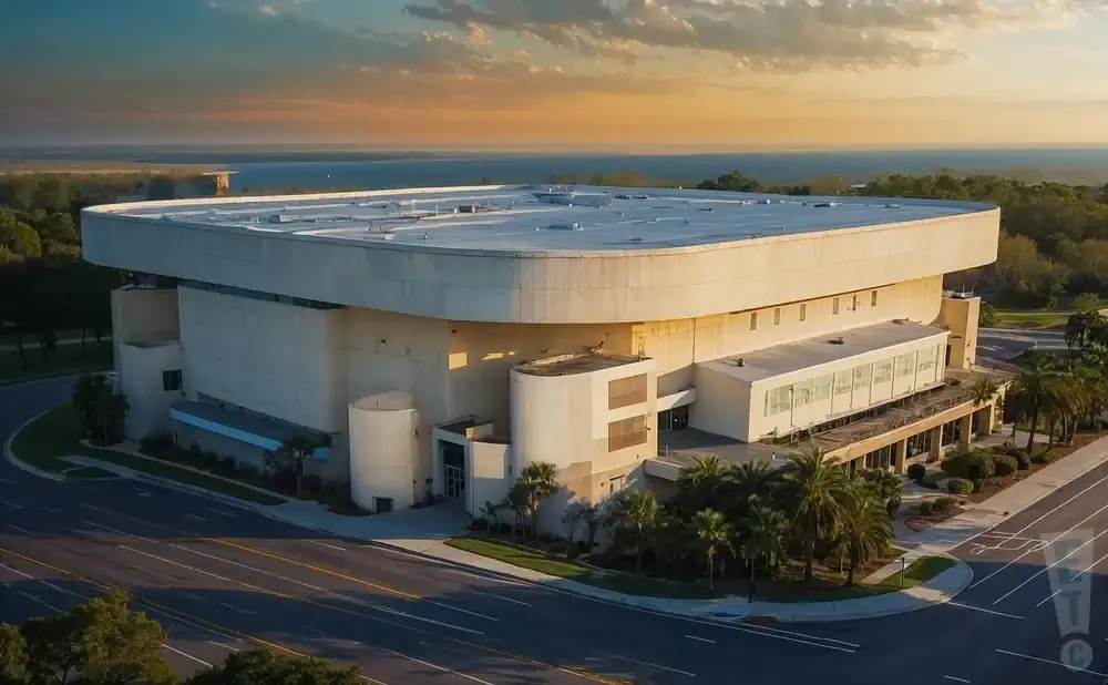 An aerial view of the large, tan, rectangular Amway Center arena with a flat roof, surrounded by palm trees and a highway during sunset.