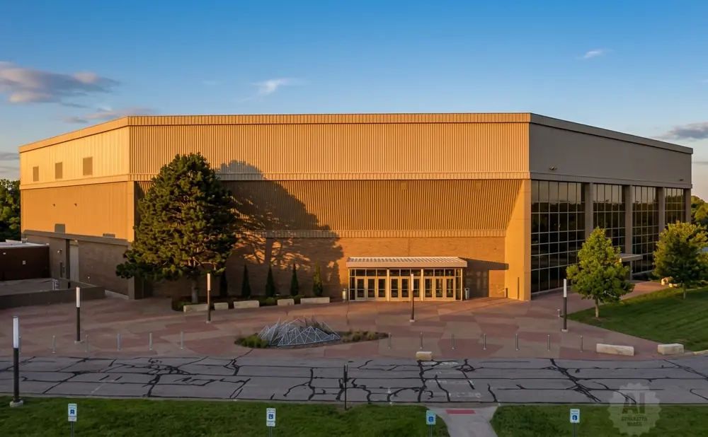 Modern beige building with large windows, trees, and a patterned plaza in front under a blue sky.