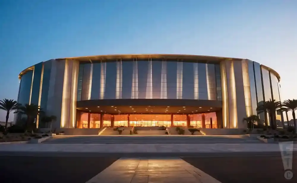 Modern, glass-fronted circular building with illuminated columns and palm trees outside.