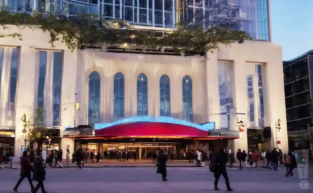 A theater with a red marquee and blue lights is lit up at dusk, with people walking on the sidewalk.