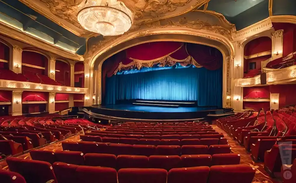 Grand theater interior with red velvet seats, ornate gold detailing, and a blue-curtained stage.