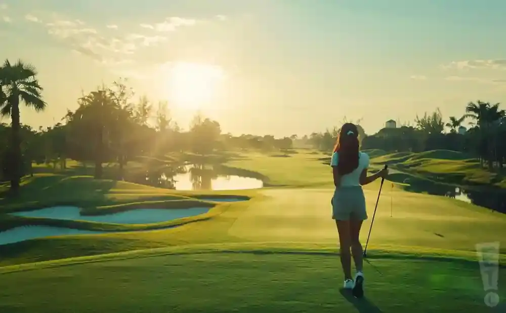 A woman on a golf course at sunset.