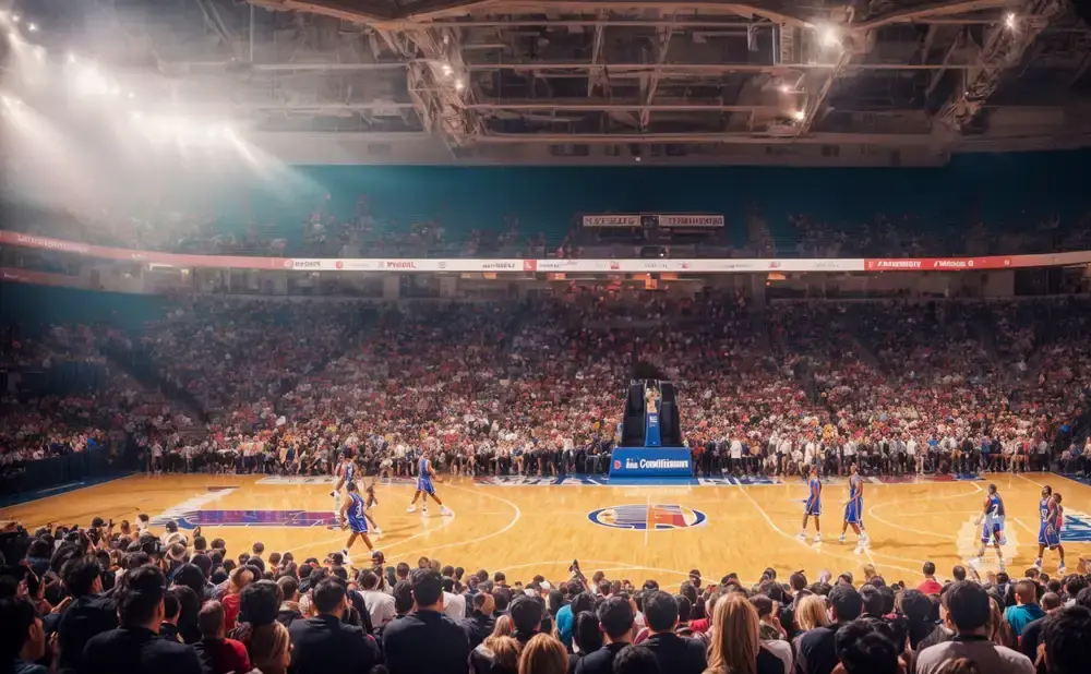 Basketball game in a packed arena, with players on the court and spectators in the stands.