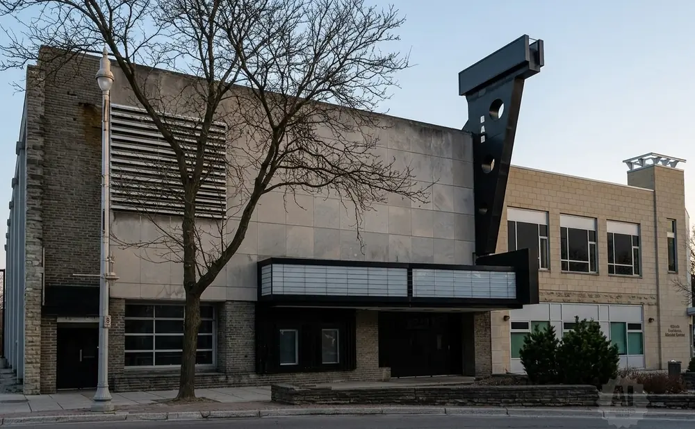 Exterior of an Art Deco-style building with a marquee and stone facade.