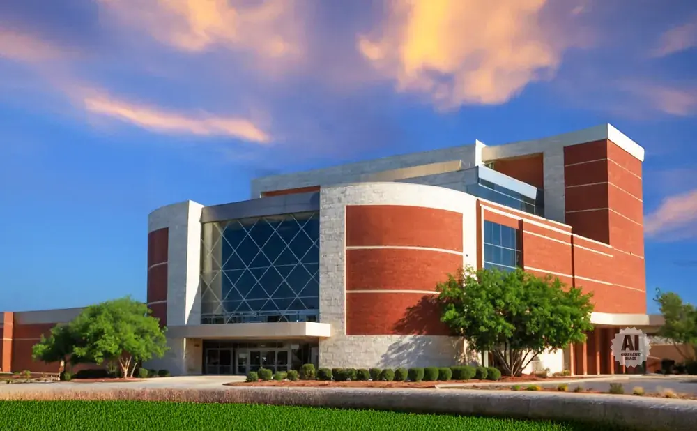 Modern building with brick and glass facade, green lawn, and sunset sky.