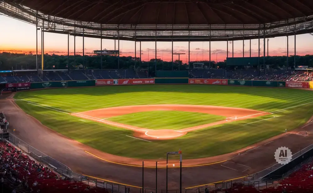 Baseball stadium at sunset with green field and empty seats.