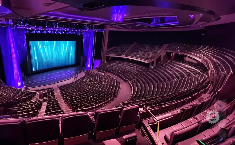 An empty theater with tiered seating curves around a stage featuring a blue and white abstract digital curtain.