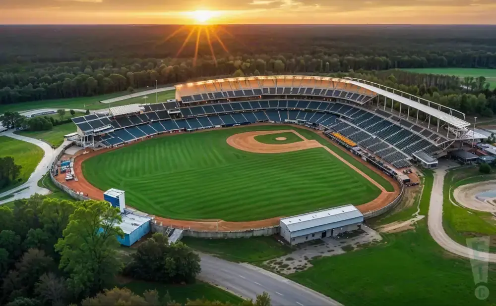 An aerial view of a baseball stadium at sunset, with the sun's rays beaming through the clouds over the outfield.