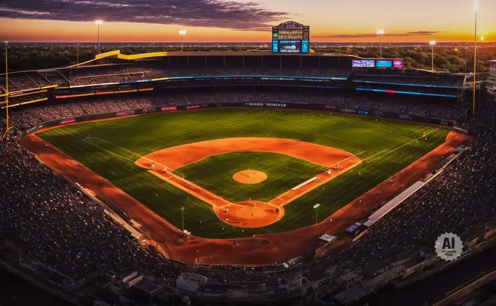 Aerial view of a baseball stadium at sunset.