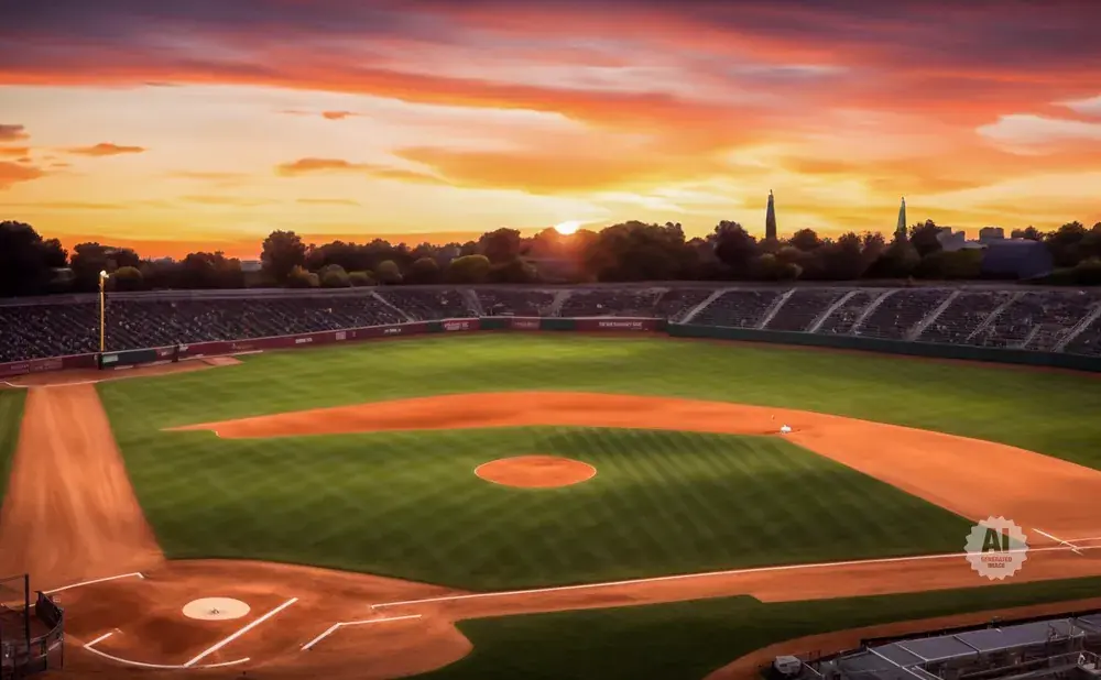 Baseball stadium at sunset with a vibrant orange and purple sky.