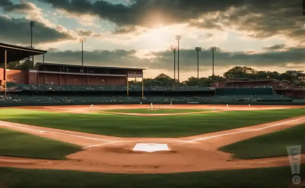 A baseball field at sunset with dramatic clouds.