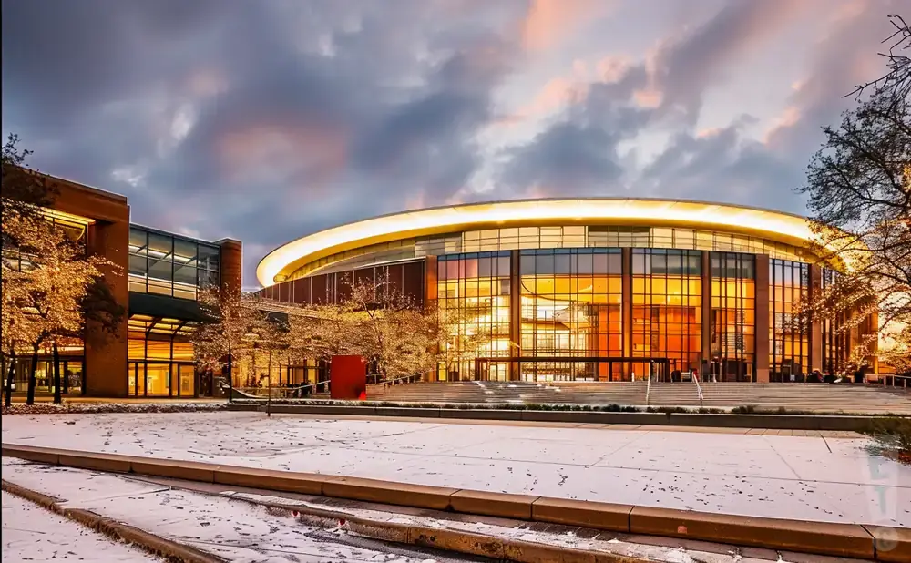 Modern building with a curved glass facade and glowing interior, set against a dramatic sunset sky with snow on the ground.