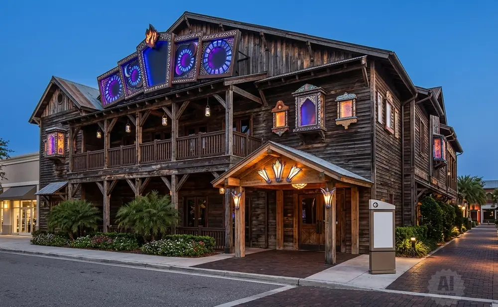 Rustic wooden building with colorful, illuminated windows and a covered entrance at dusk.