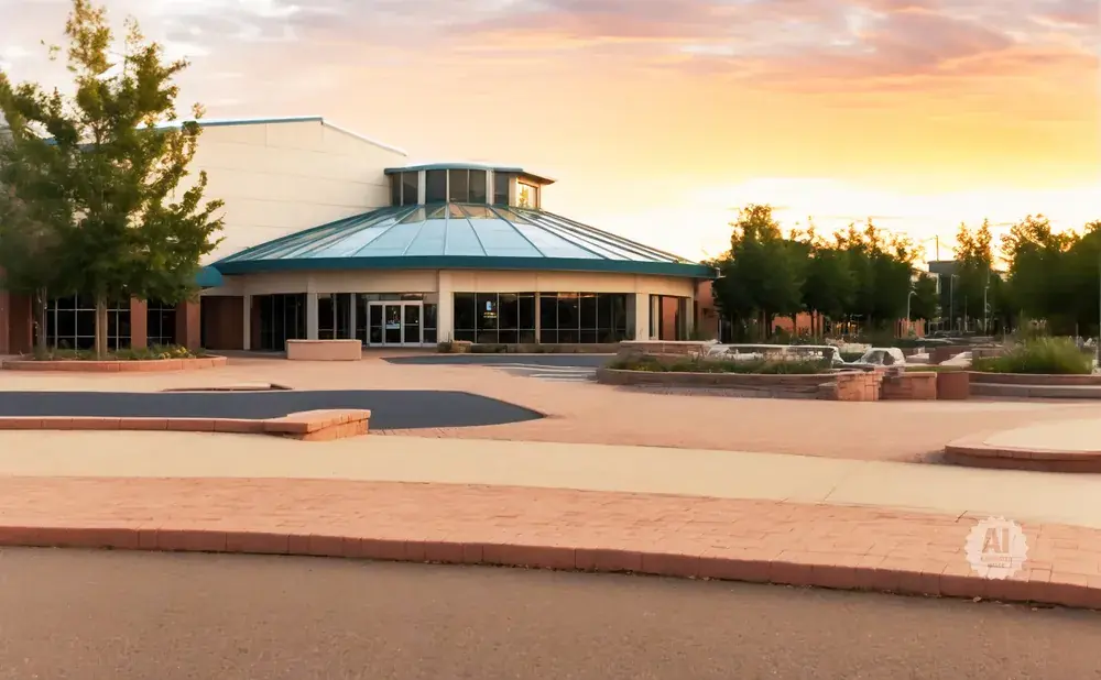 Modern building with a glass dome roof at sunset.