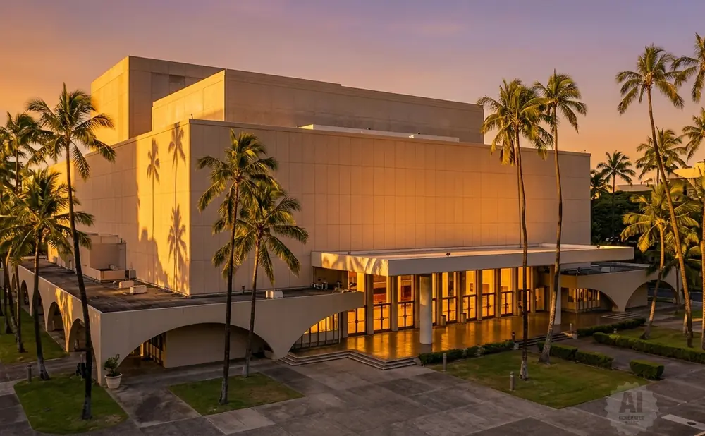 A modern building with palm trees and sunset colors.