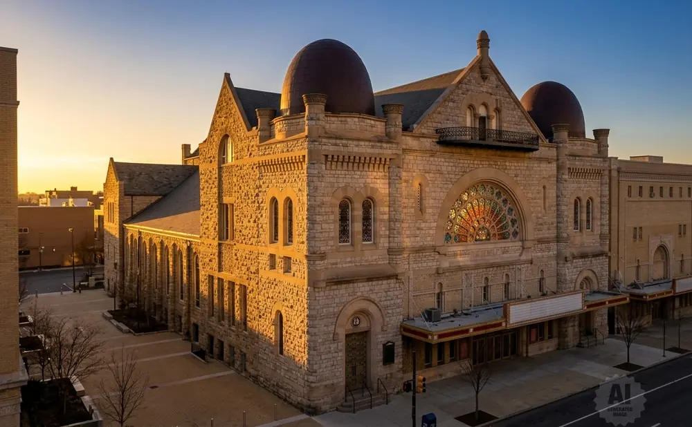Stone building with domes and stained-glass window at sunset.