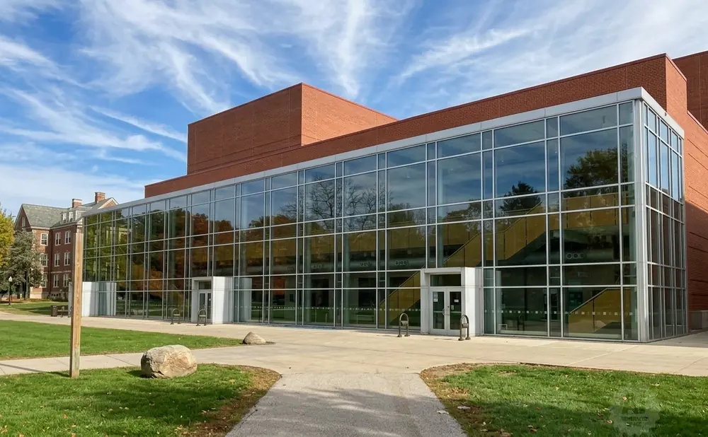Modern brick building with a large glass facade reflecting trees and sky.