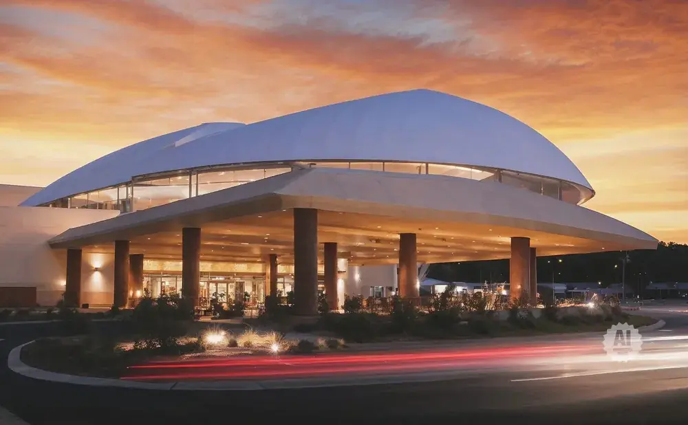 Modern building with a curved roof and canopy at sunset, with red light trails from cars.