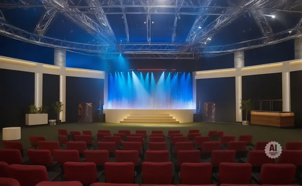 An empty auditorium with red seats facing a brightly lit stage with blue lights.