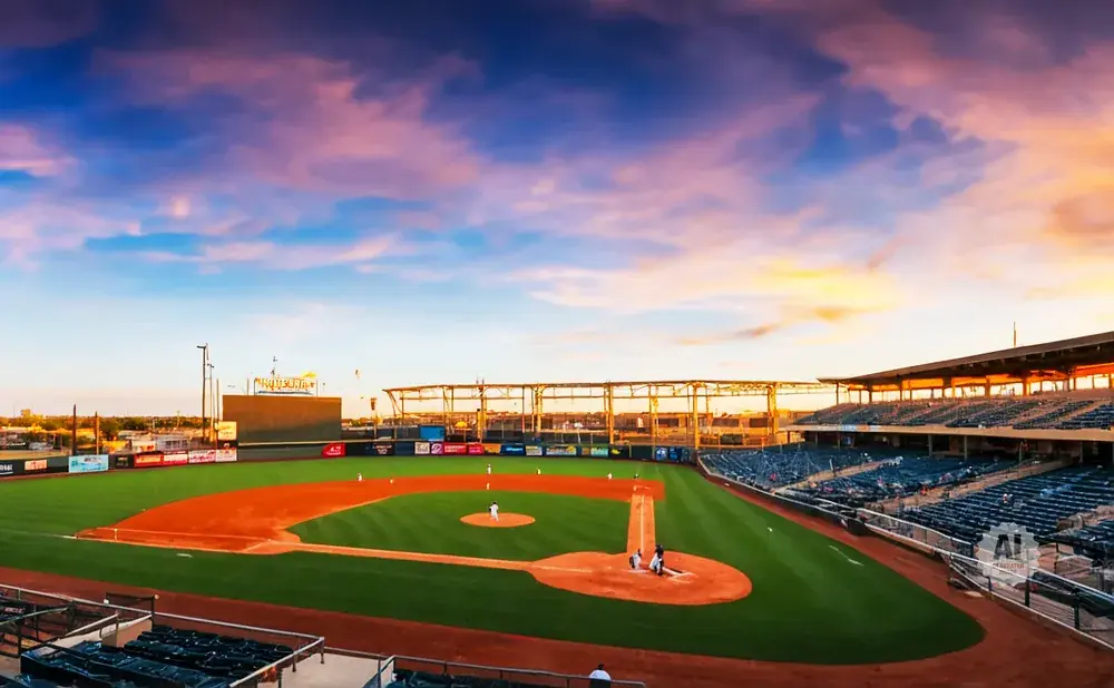 A baseball stadium during a colorful sunset, with a game in progress on the field.