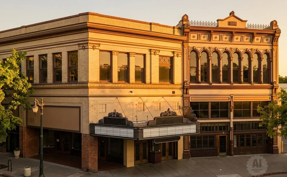 Marquee of an old theater on a brick building at sunset.