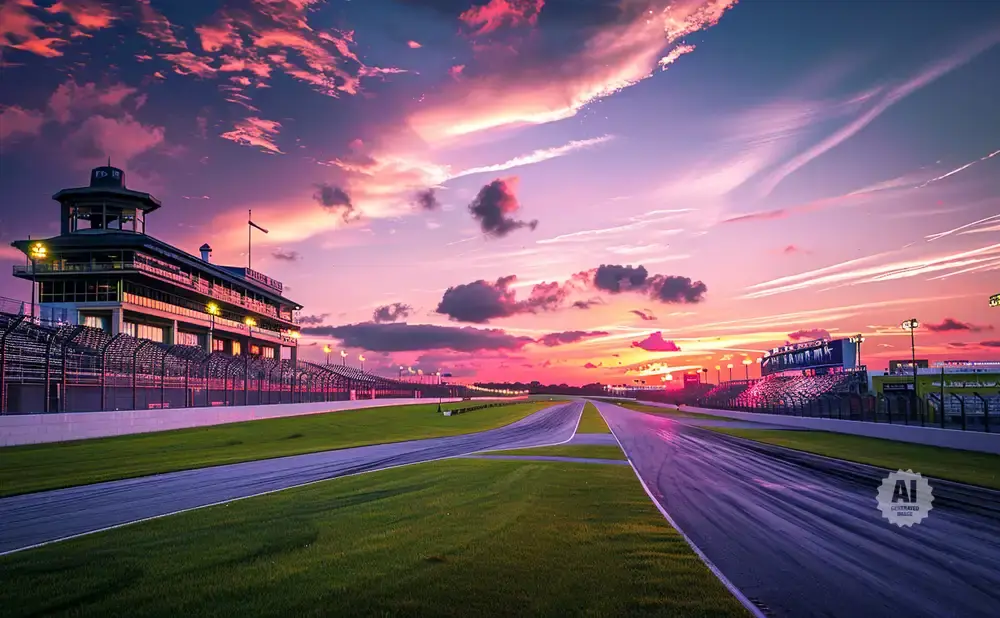 Racetrack at sunset with vibrant pink and purple clouds.