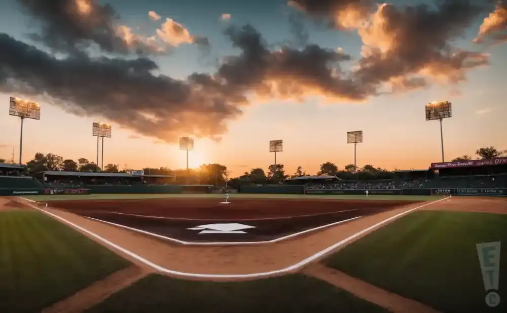 A baseball field at sunset with dramatic clouds and stadium lights.