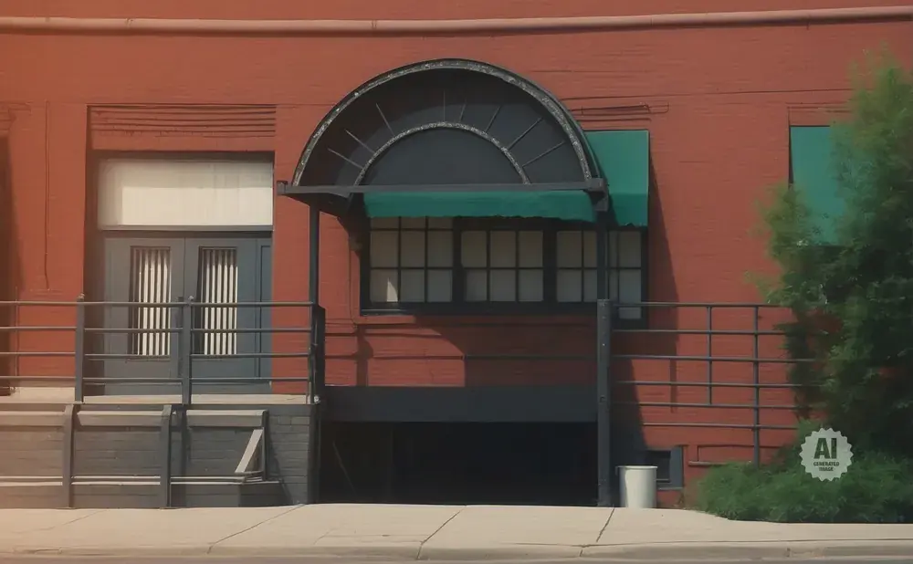 A red brick building with arched window, green awning, and double doors.