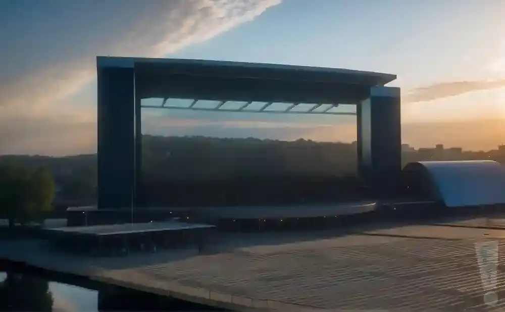 An outdoor amphitheater stage with a large screen, seen at sunrise.