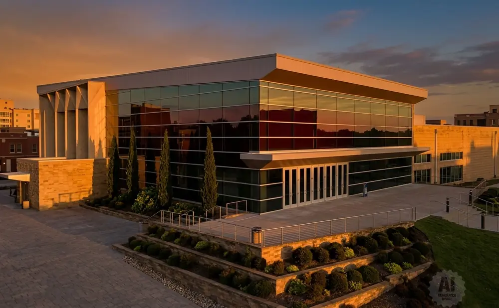 Modern building with glass facade and stone accents at sunset.