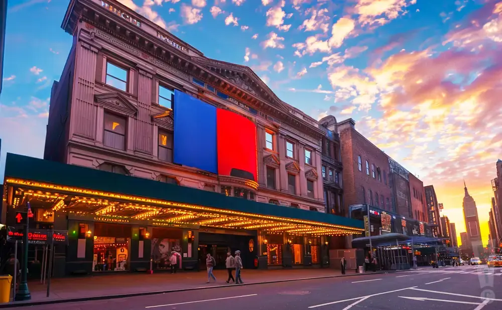 A theater with a marquee illuminated at sunset, under a sky filled with colorful clouds.