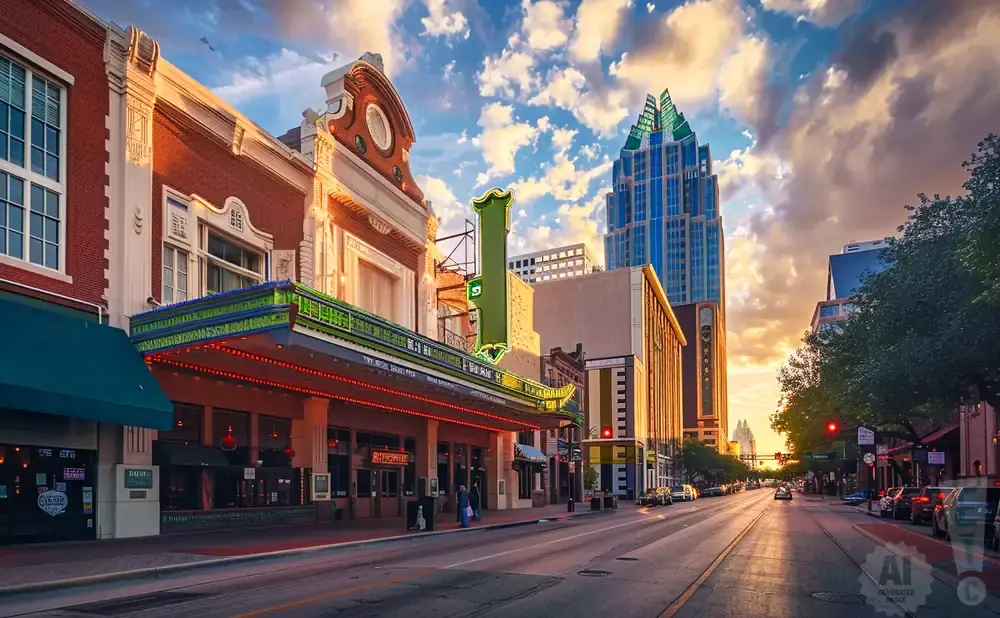 A street in Austin, Texas at sunset, with the Congress Avenue Bridge in the distance.