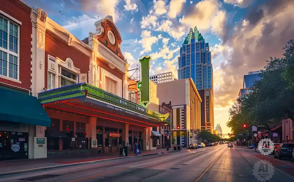 Austin's historic Paramount Theatre and modern skyline at sunset.