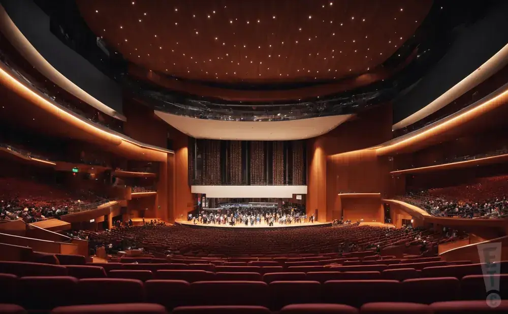 Interior view of a large, modern concert hall with tiered red seating and a warmly lit, star-ceiling.