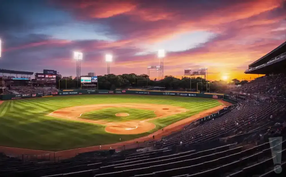 Baseball stadium at sunset with dramatic clouds and bright lights.