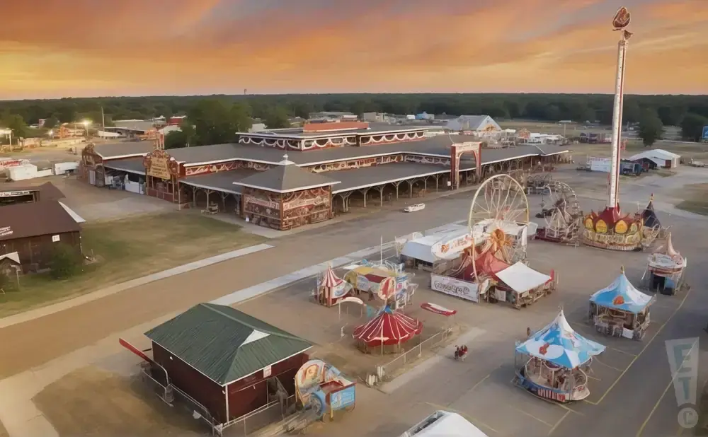 Aerial view of a carnival at sunset with rides, tents, and a large building.