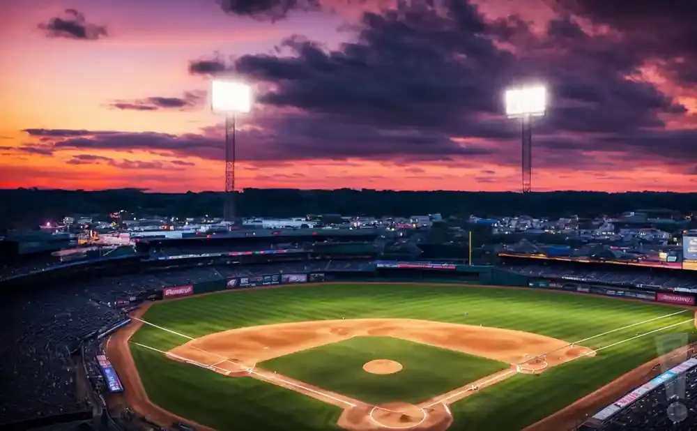 A baseball stadium at sunset with bright lights under a purple and orange sky.