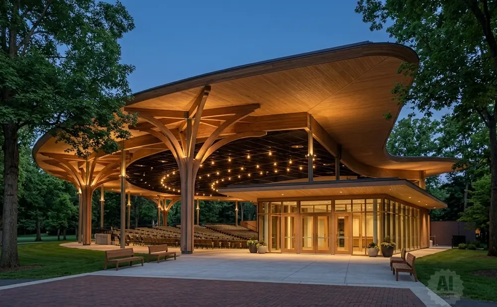Outdoor amphitheater with a curved wooden roof, wooden benches, and string lights at dusk.