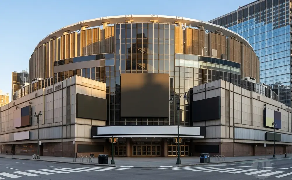 Madison Square Garden, a circular arena with a glass facade, stands under a clear blue sky.