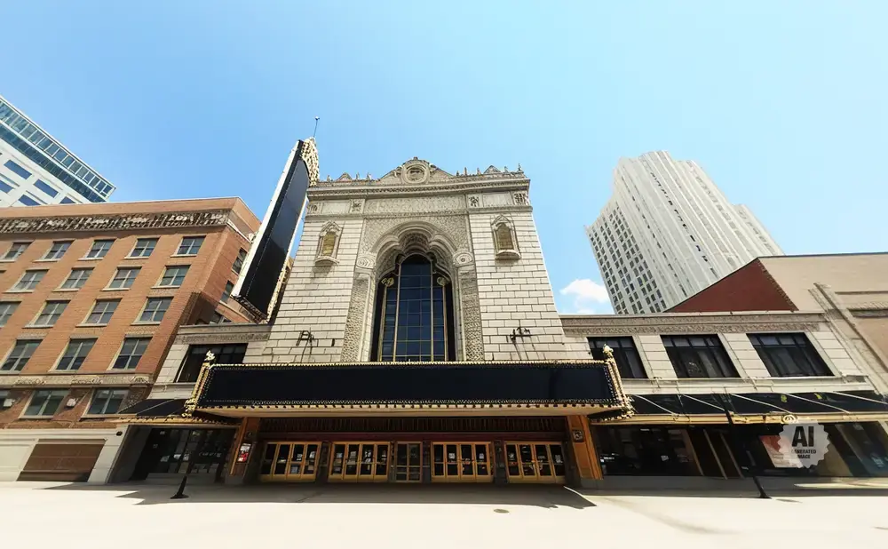 Ornate theater facade with a large marquee, flanked by brick and modern skyscrapers under a clear blue sky.