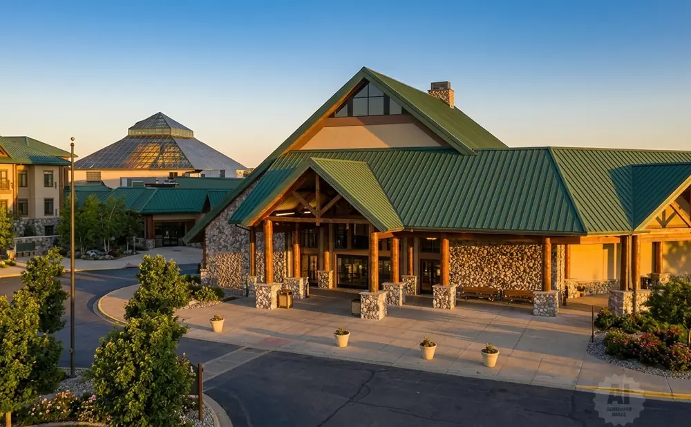 A lodge-style building with a green metal roof, stone accents, and large wooden columns at the entrance.