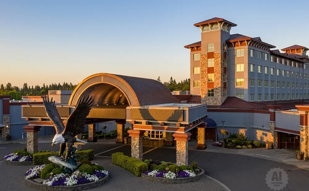 Large eagle statue with fish in front of a hotel with a large arched entrance.