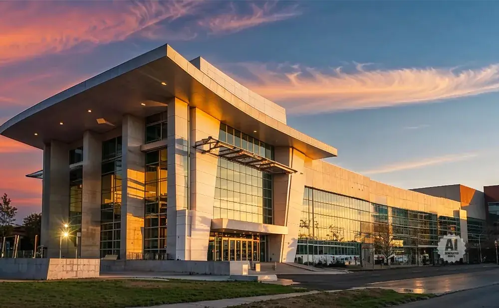 Modern conference center at sunset with dramatic clouds.